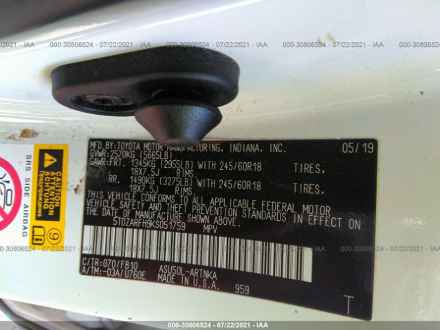 Photo 8 VIN: 5TDZARFH9KS051759 - TOYOTA HIGHLANDER 