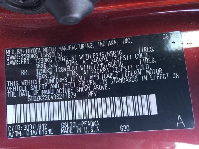 Photo 12 VIN: 5TDZK22C49S241879 - TOYOTA SIENNA XLE 