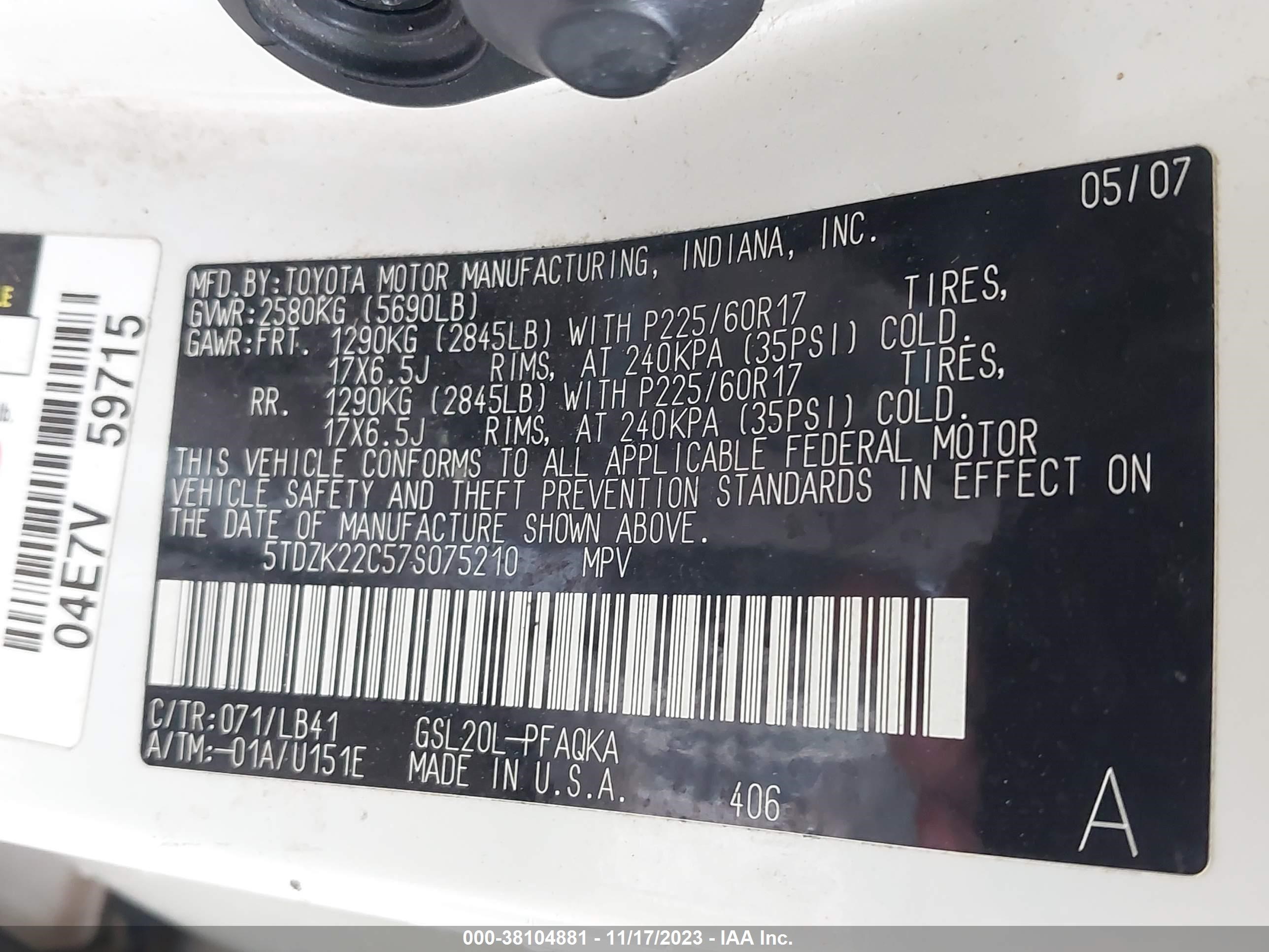 Photo 8 VIN: 5TDZK22C57S075210 - TOYOTA SIENNA 