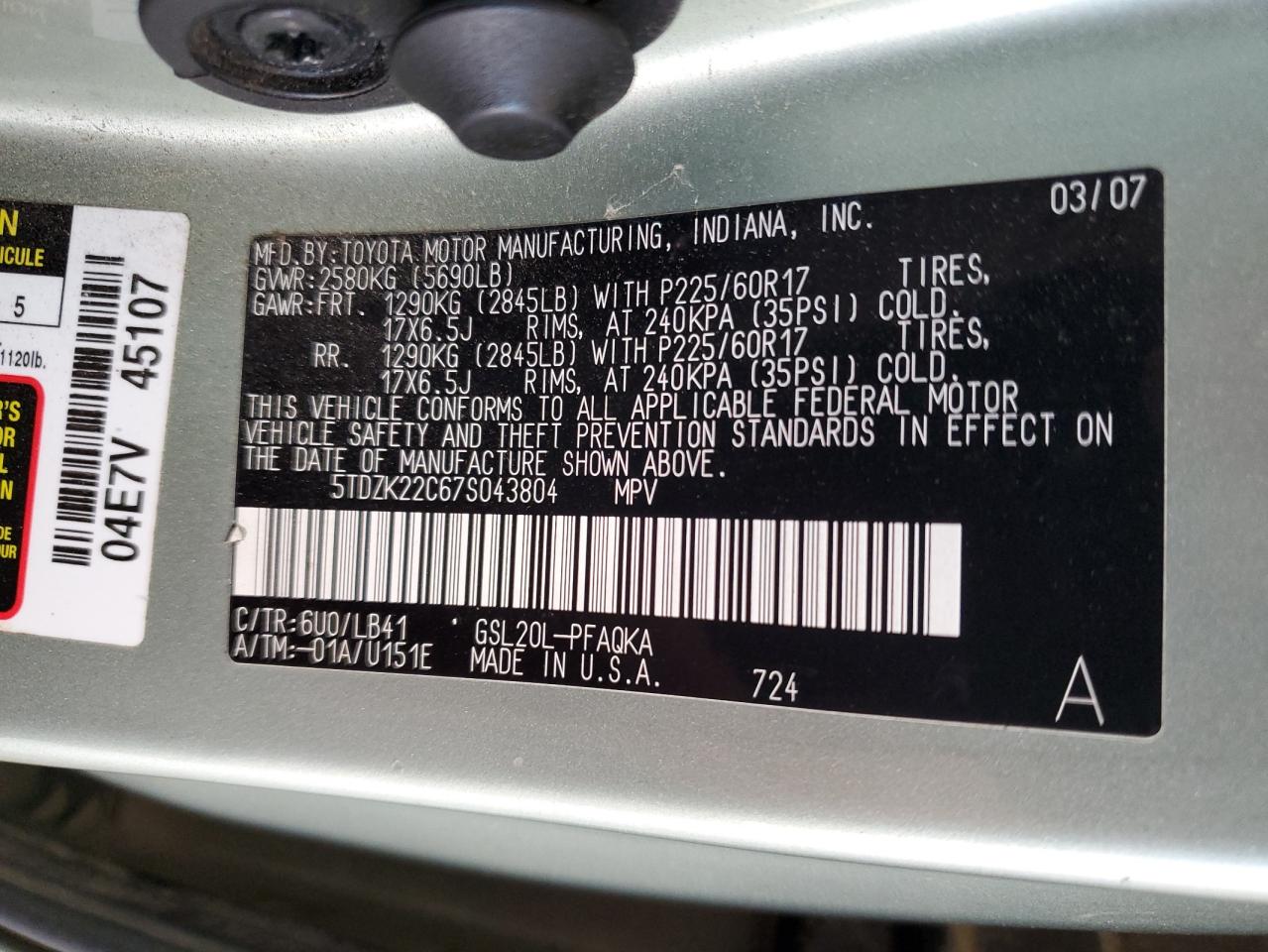 Photo 12 VIN: 5TDZK22C67S043804 - TOYOTA SIENNA 