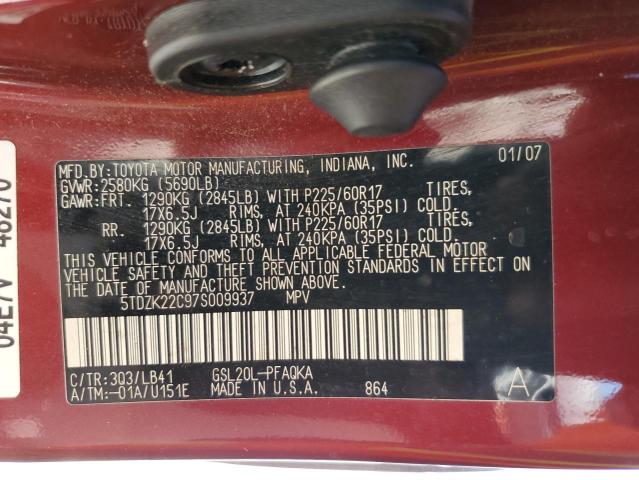 Photo 12 VIN: 5TDZK22C97S009937 - TOYOTA SIENNA XLE 