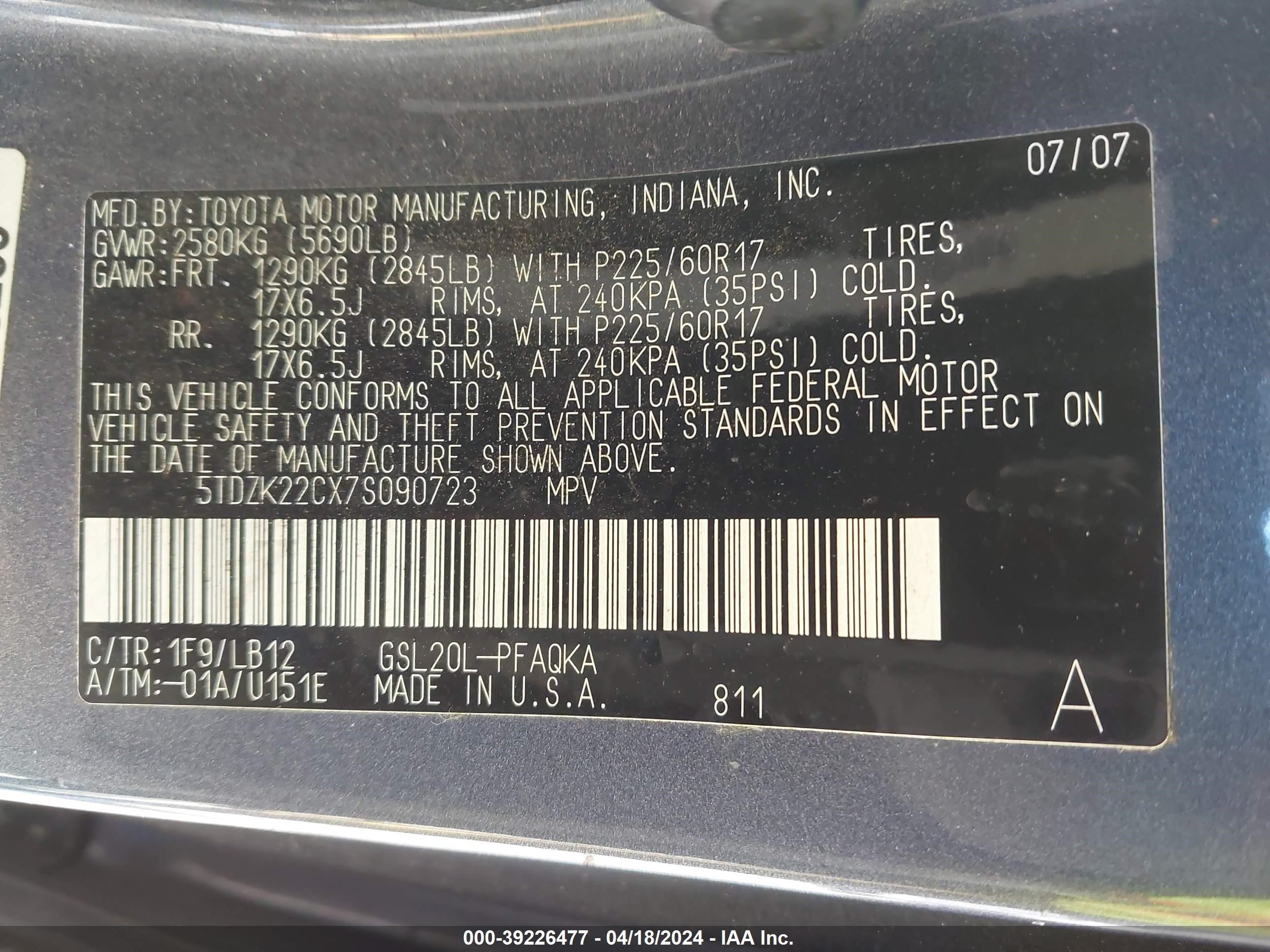 Photo 8 VIN: 5TDZK22CX7S090723 - TOYOTA SIENNA 