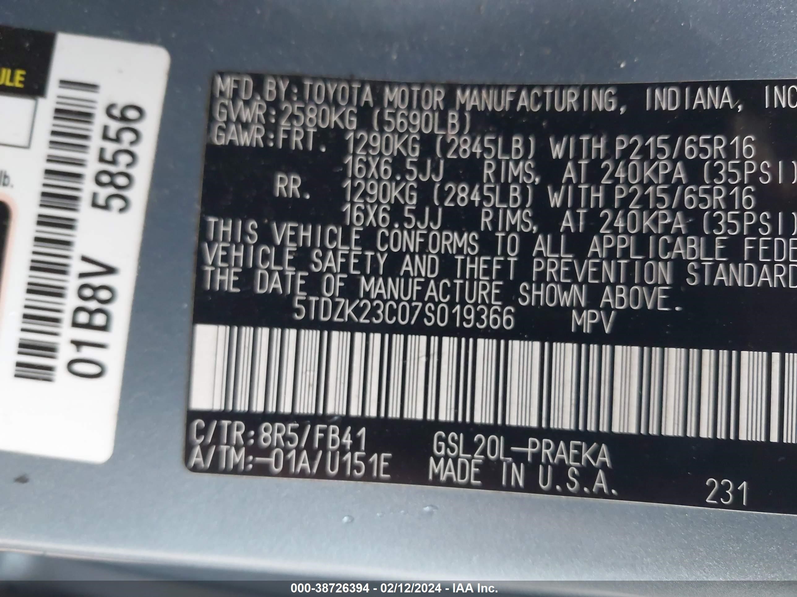 Photo 8 VIN: 5TDZK23C07S019366 - TOYOTA SIENNA 