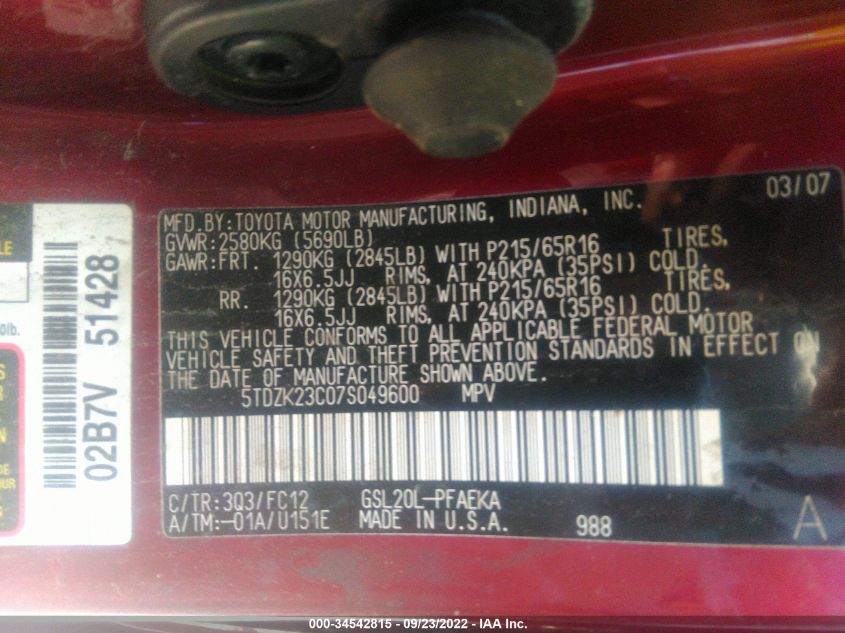 Photo 8 VIN: 5TDZK23C07S049600 - TOYOTA SIENNA 