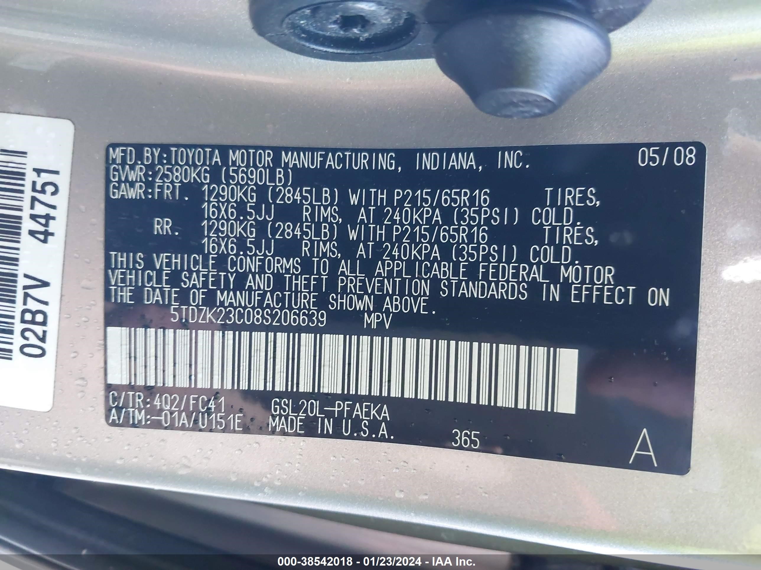 Photo 8 VIN: 5TDZK23C08S206639 - TOYOTA SIENNA 