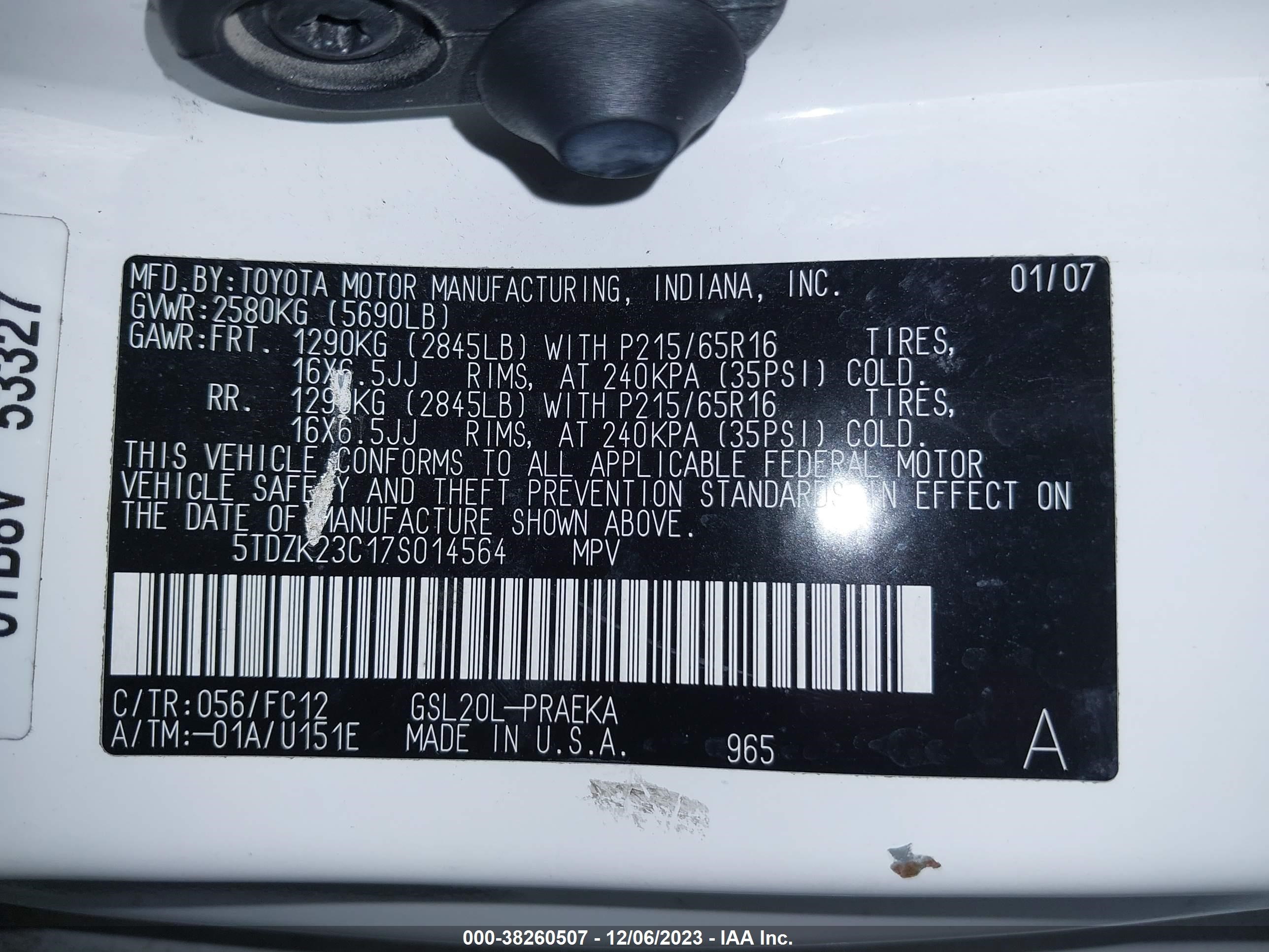 Photo 7 VIN: 5TDZK23C17S014564 - TOYOTA SIENNA 