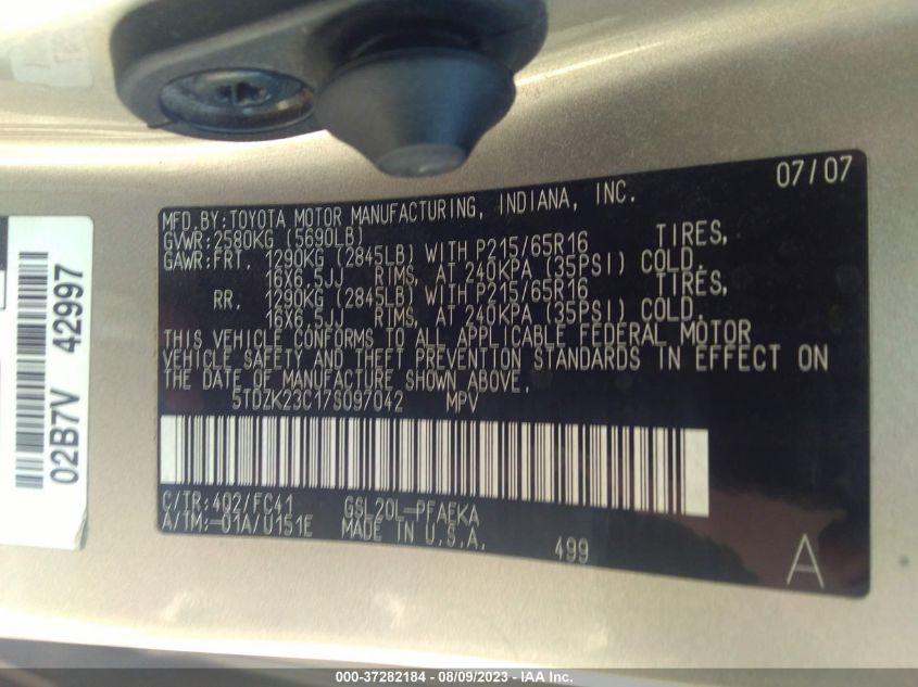 Photo 8 VIN: 5TDZK23C17S097042 - TOYOTA SIENNA 