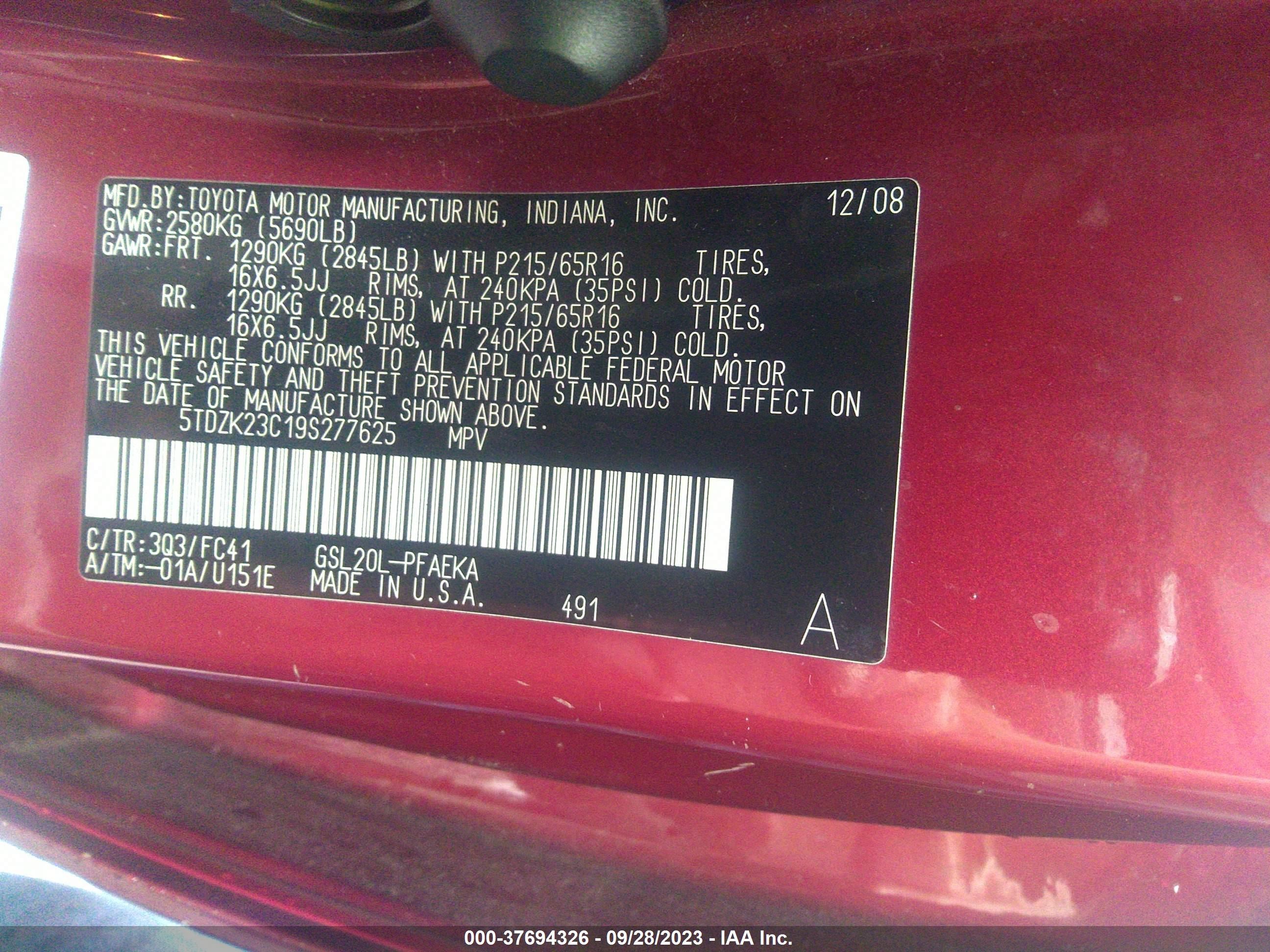 Photo 8 VIN: 5TDZK23C19S277625 - TOYOTA SIENNA 