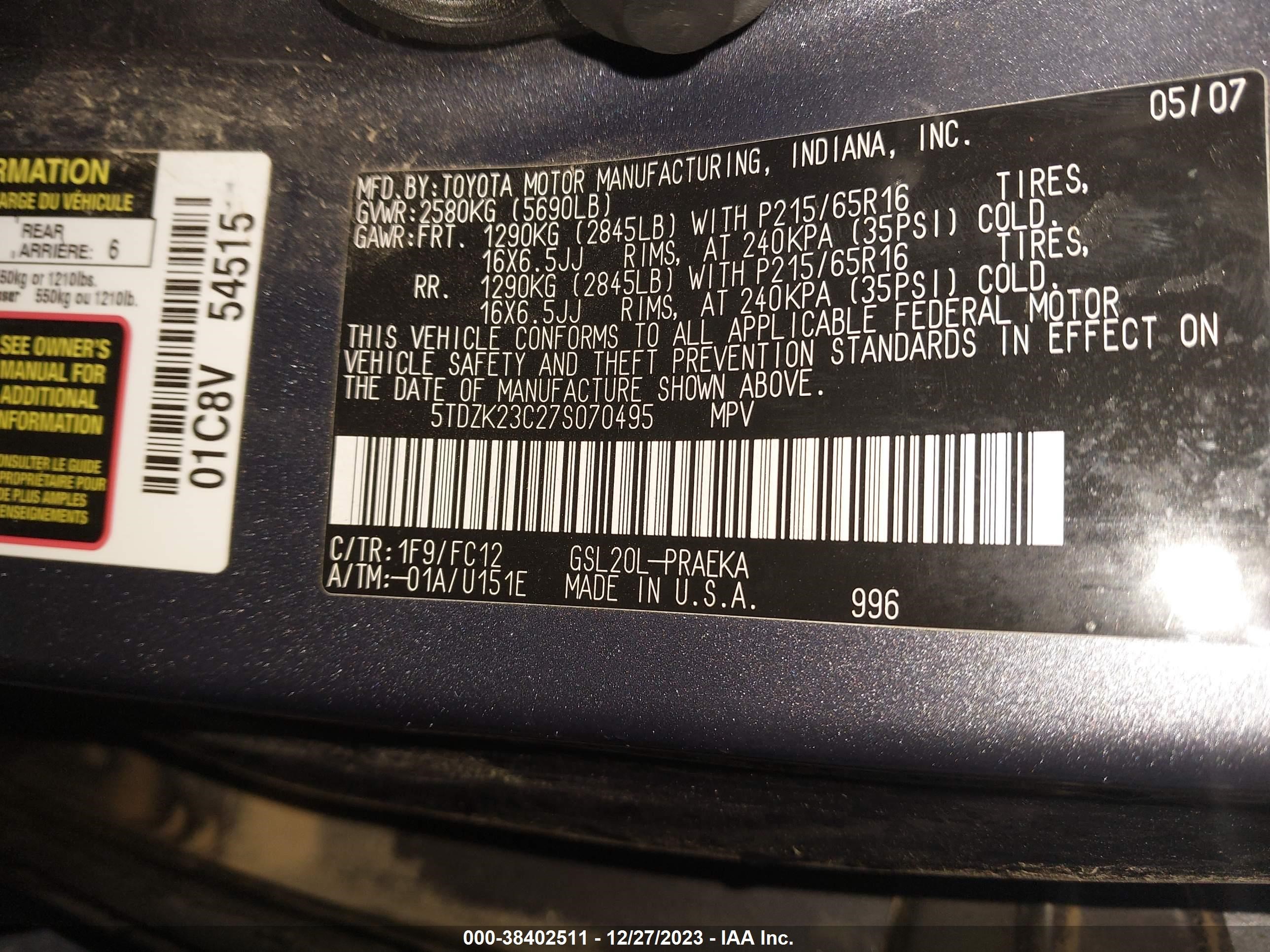 Photo 8 VIN: 5TDZK23C27S070495 - TOYOTA SIENNA 