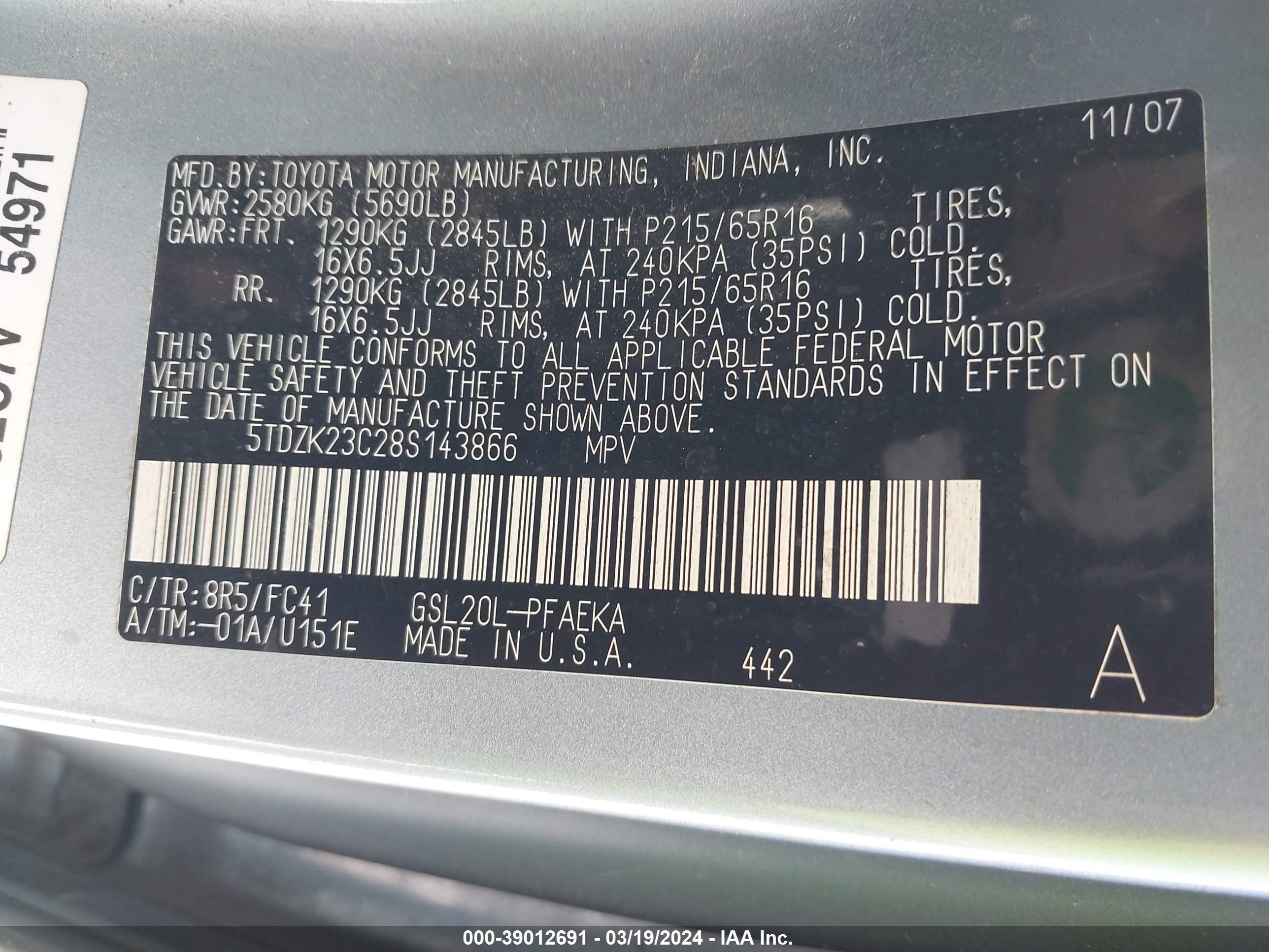 Photo 8 VIN: 5TDZK23C28S143866 - TOYOTA SIENNA 