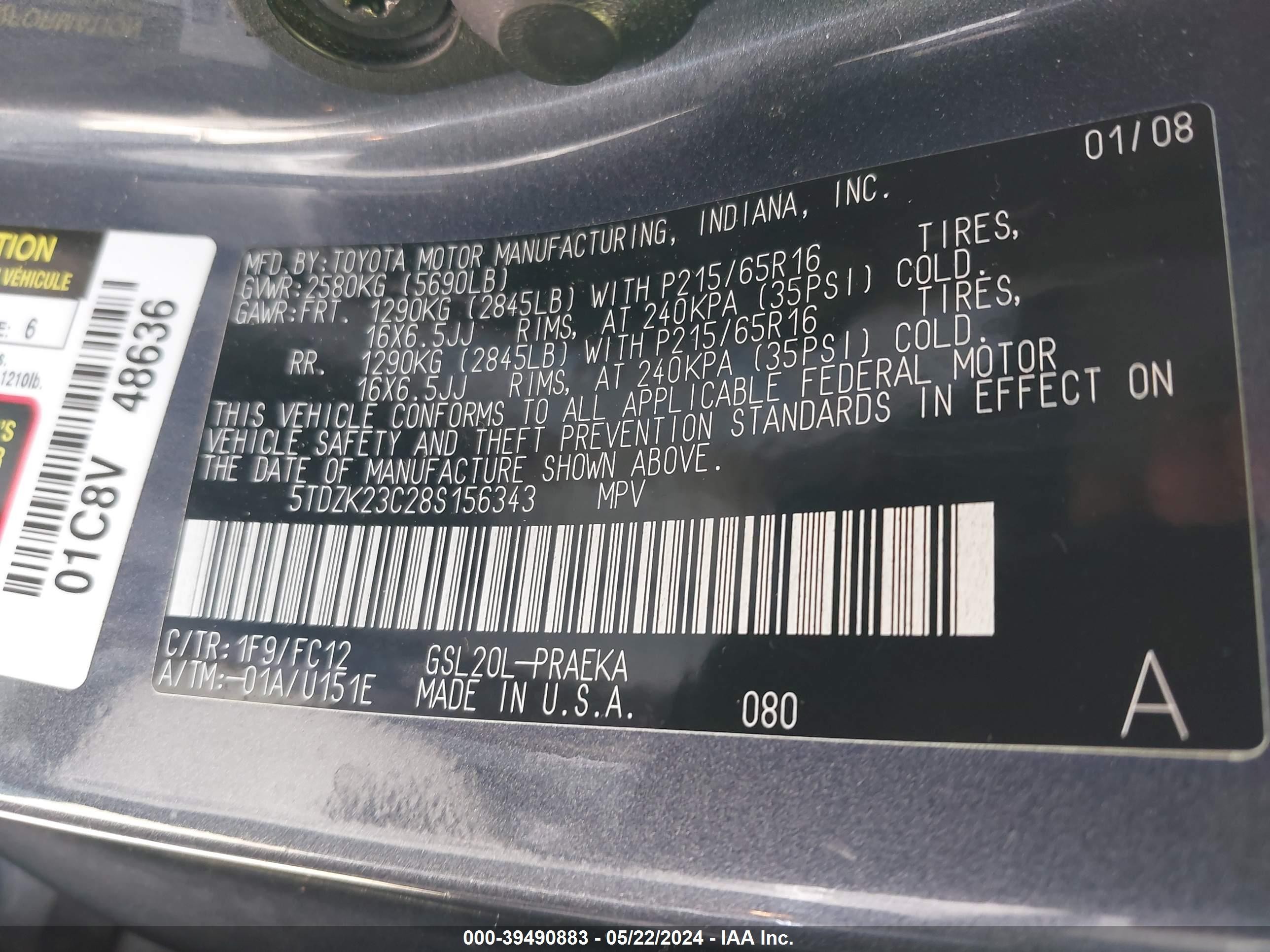 Photo 8 VIN: 5TDZK23C28S156343 - TOYOTA SIENNA 