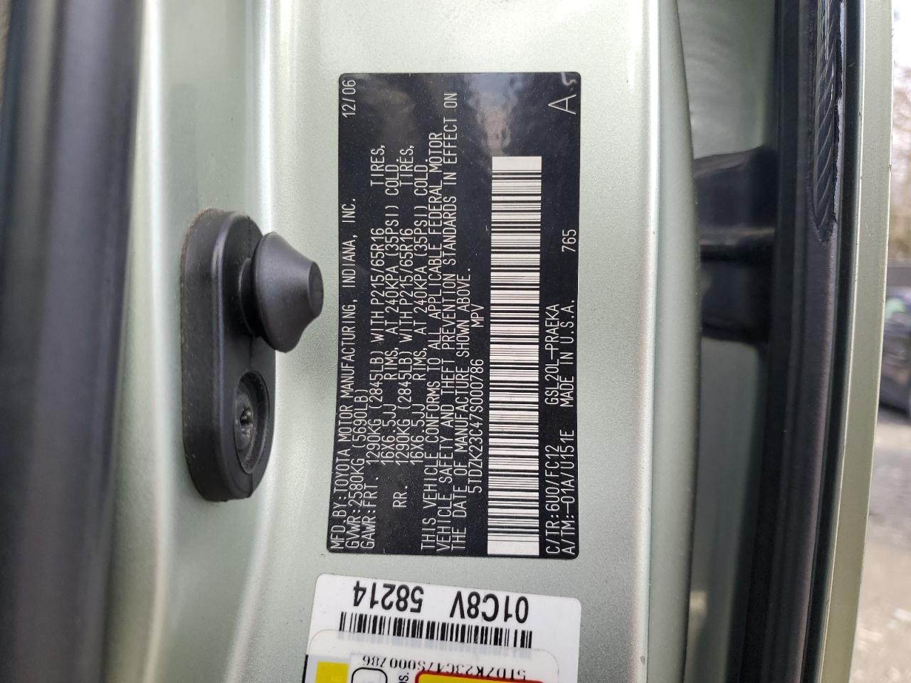 Photo 12 VIN: 5TDZK23C47S000786 - TOYOTA SIENNA 