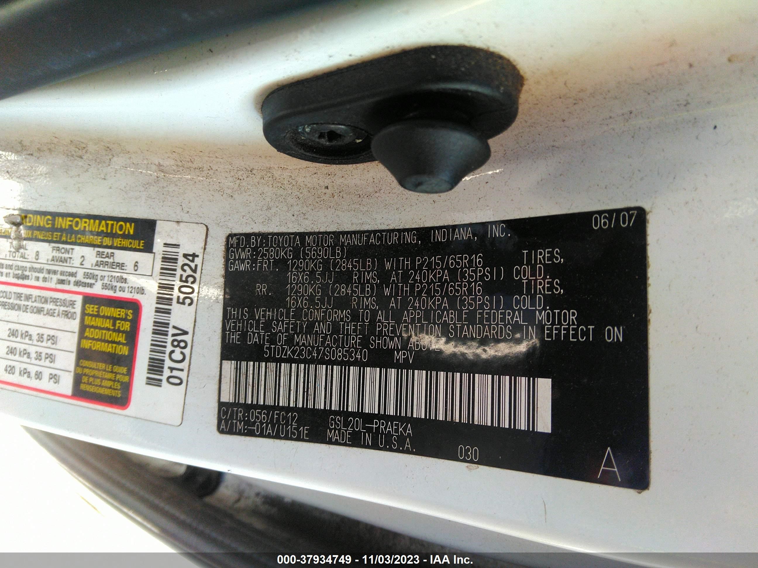 Photo 9 VIN: 5TDZK23C47S085340 - TOYOTA SIENNA 