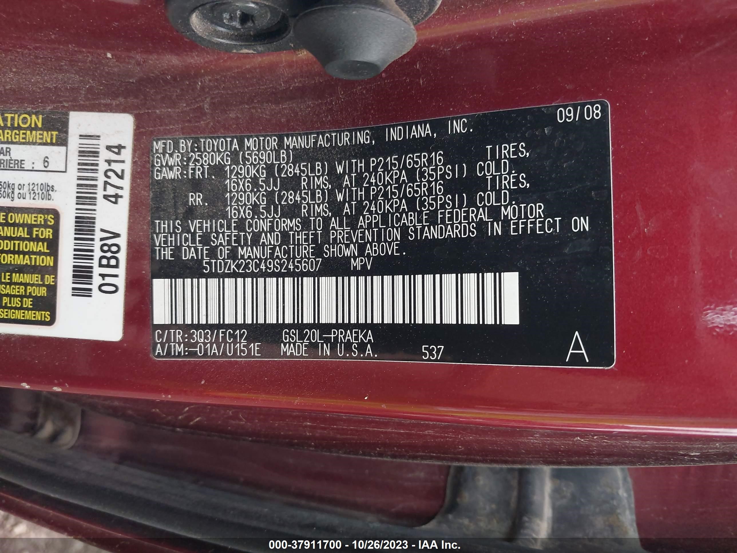 Photo 8 VIN: 5TDZK23C49S245607 - TOYOTA SIENNA 