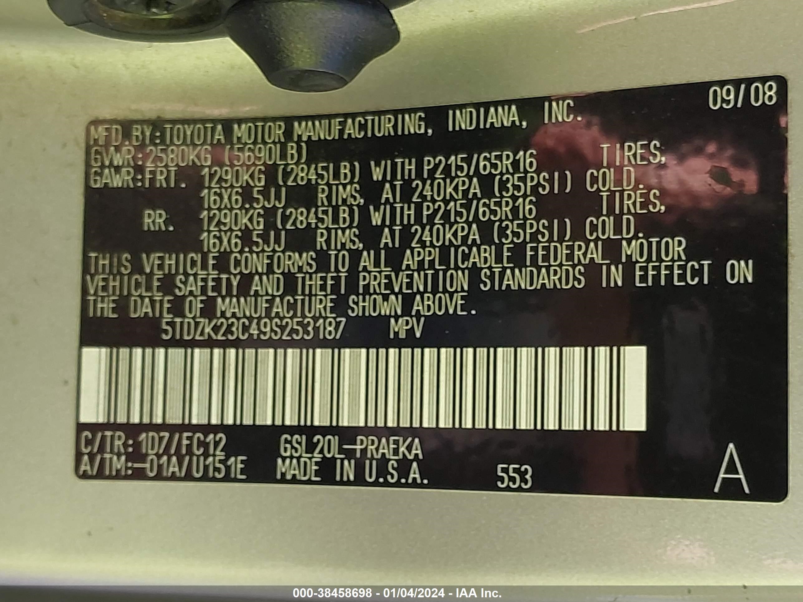 Photo 8 VIN: 5TDZK23C49S253187 - TOYOTA SIENNA 