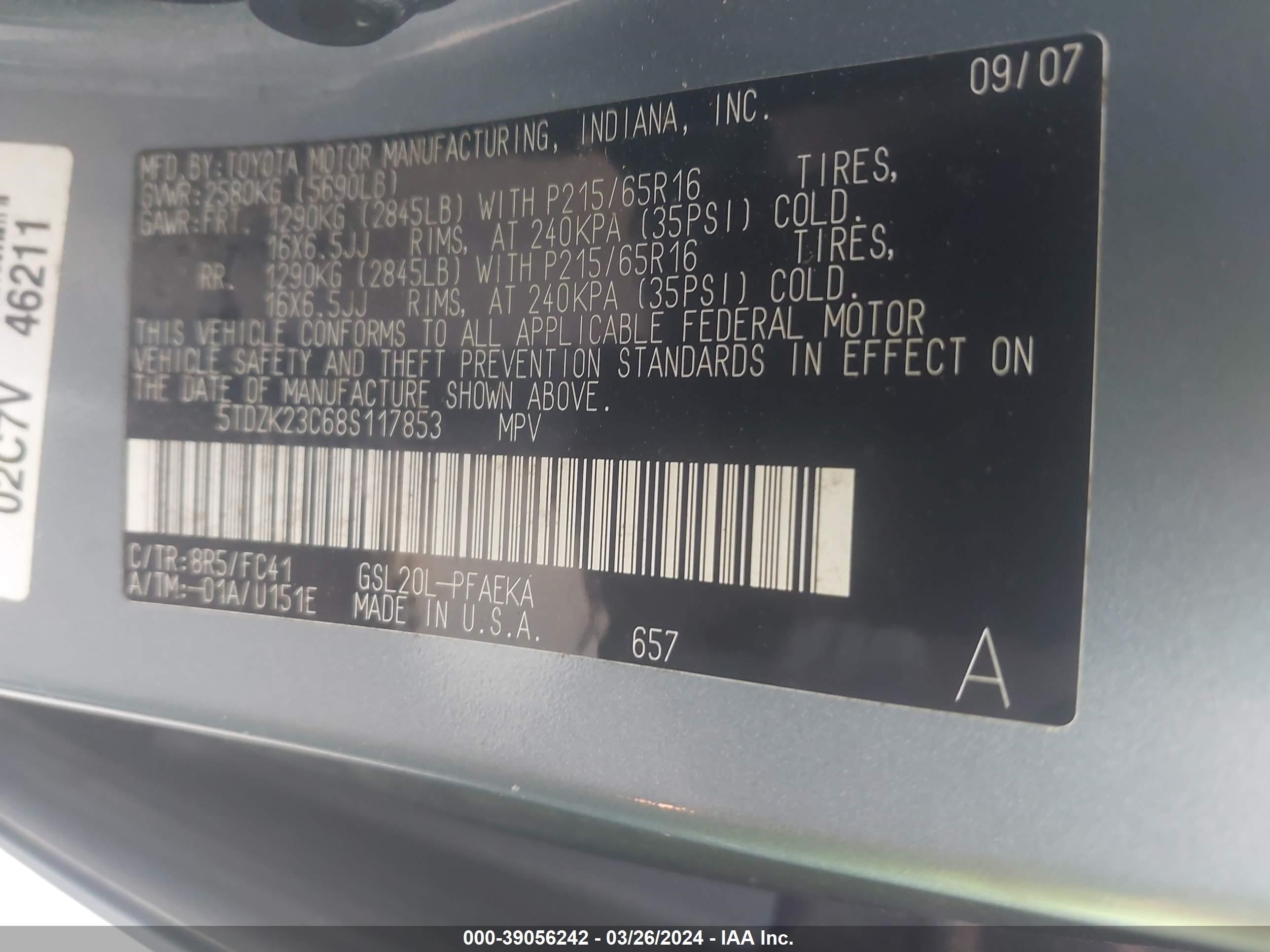 Photo 8 VIN: 5TDZK23C68S117853 - TOYOTA SIENNA 