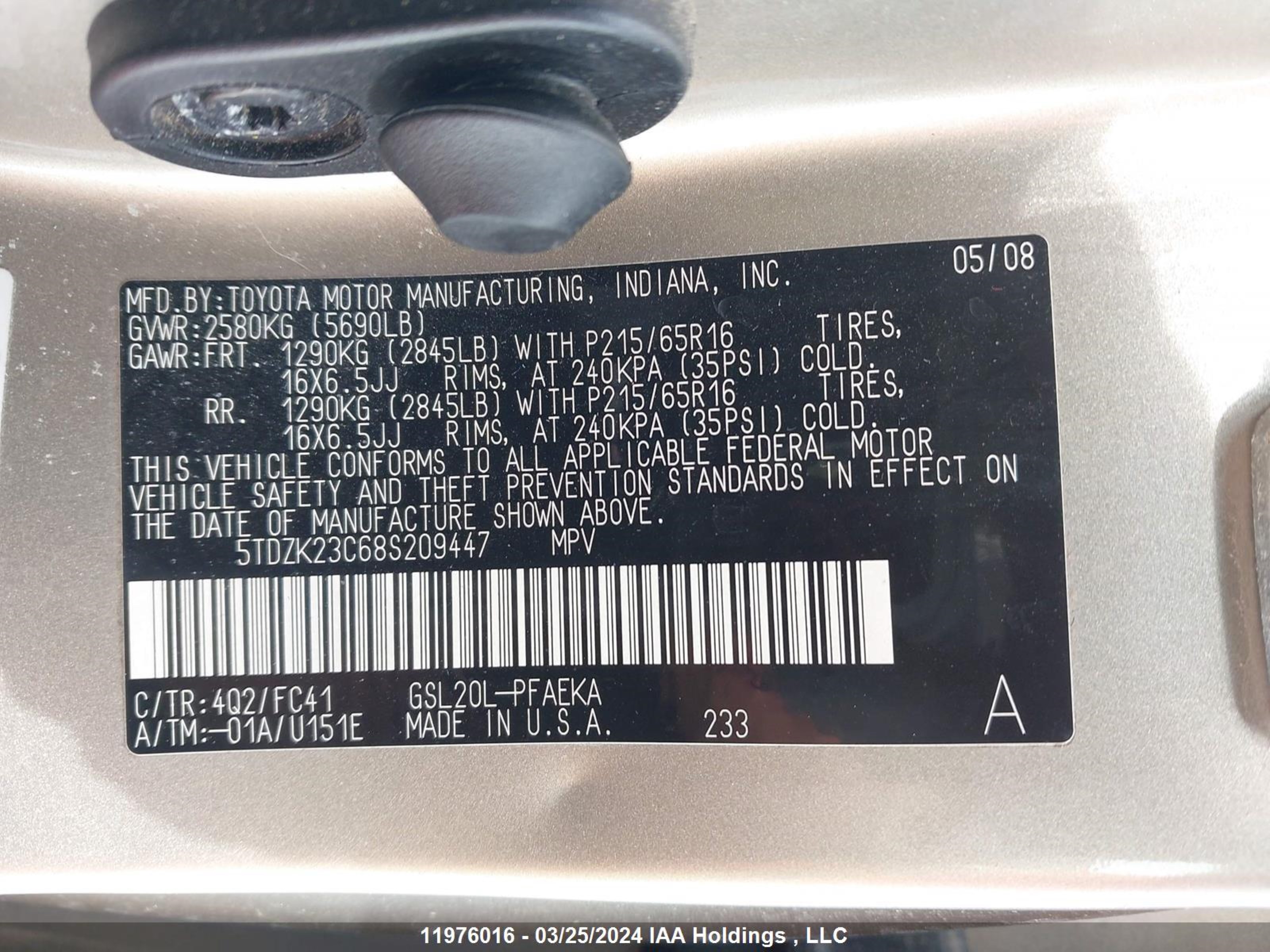 Photo 8 VIN: 5TDZK23C68S209447 - TOYOTA SIENNA 