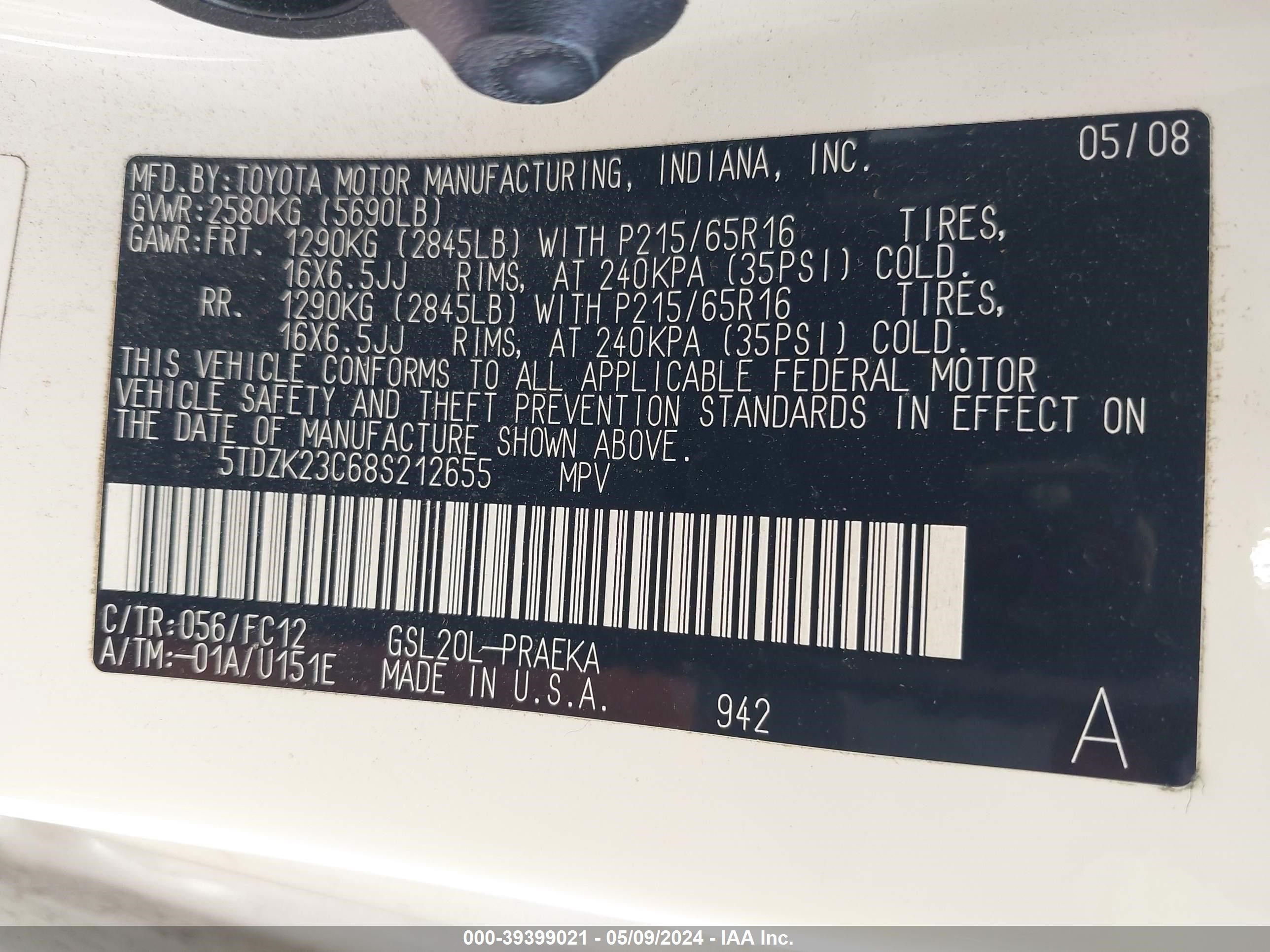 Photo 8 VIN: 5TDZK23C68S212655 - TOYOTA SIENNA 