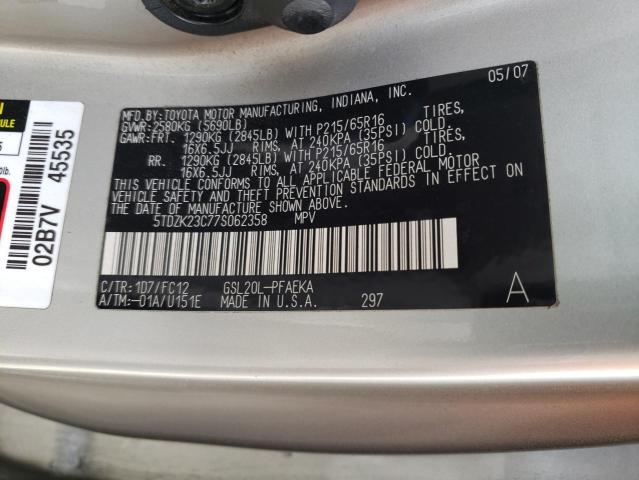 Photo 12 VIN: 5TDZK23C77S062358 - TOYOTA SIENNA CE 