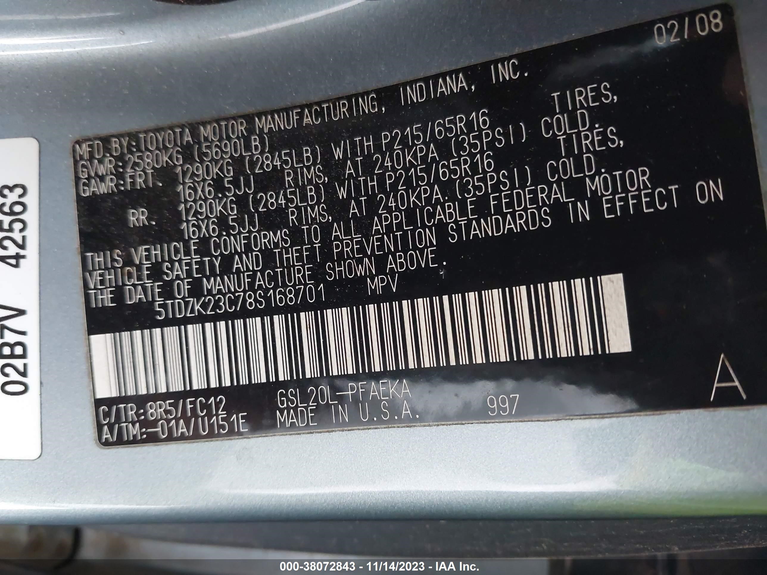 Photo 8 VIN: 5TDZK23C78S168701 - TOYOTA SIENNA 