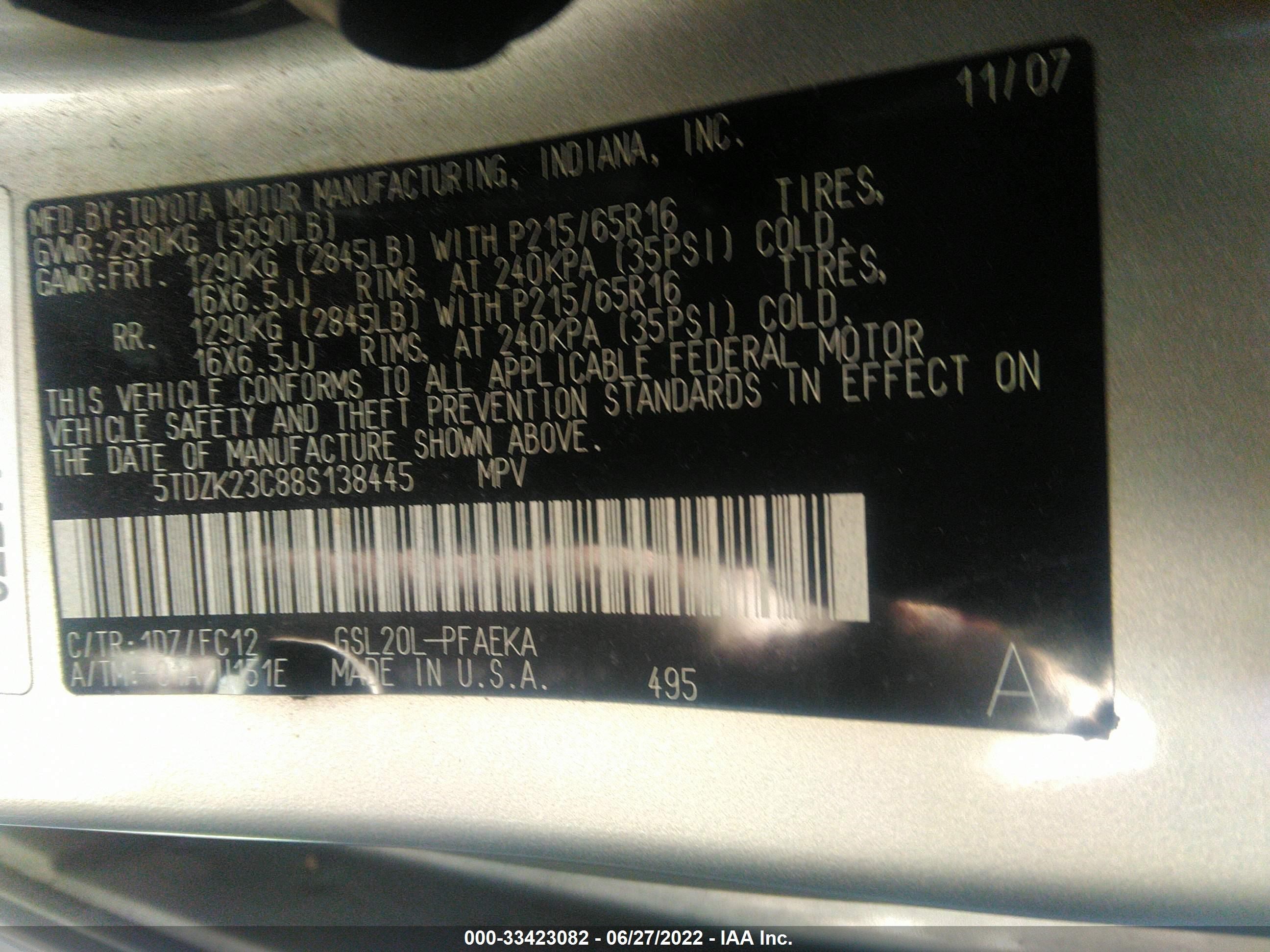 Photo 8 VIN: 5TDZK23C88S138445 - TOYOTA SIENNA 