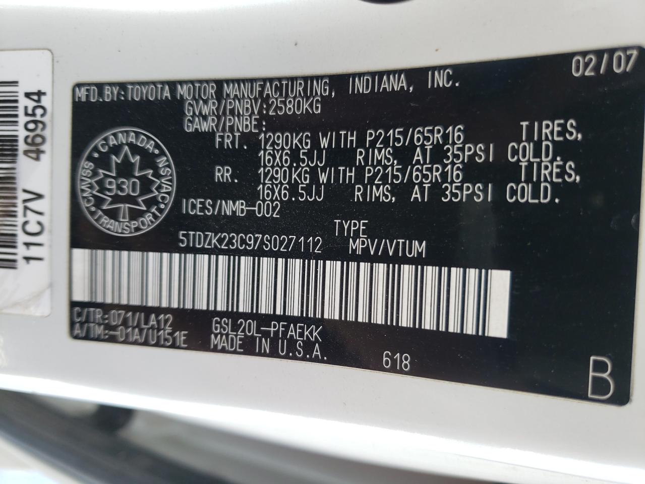 Photo 12 VIN: 5TDZK23C97S027112 - TOYOTA SIENNA 