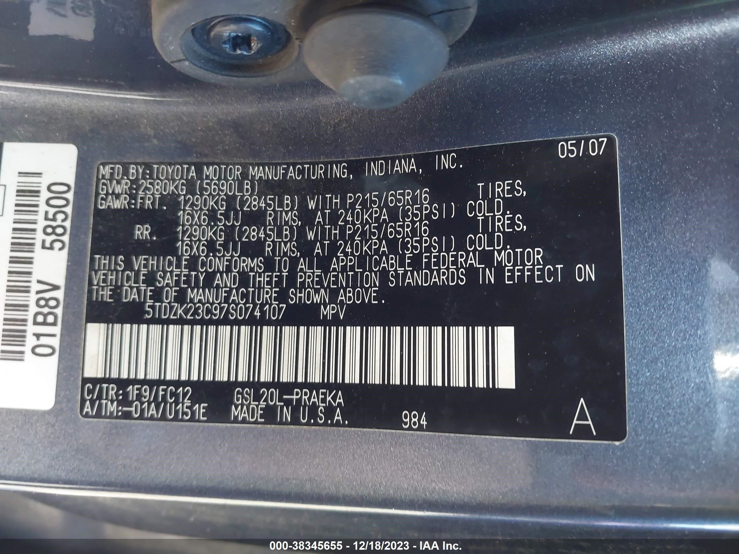 Photo 8 VIN: 5TDZK23C97S074107 - TOYOTA SIENNA 