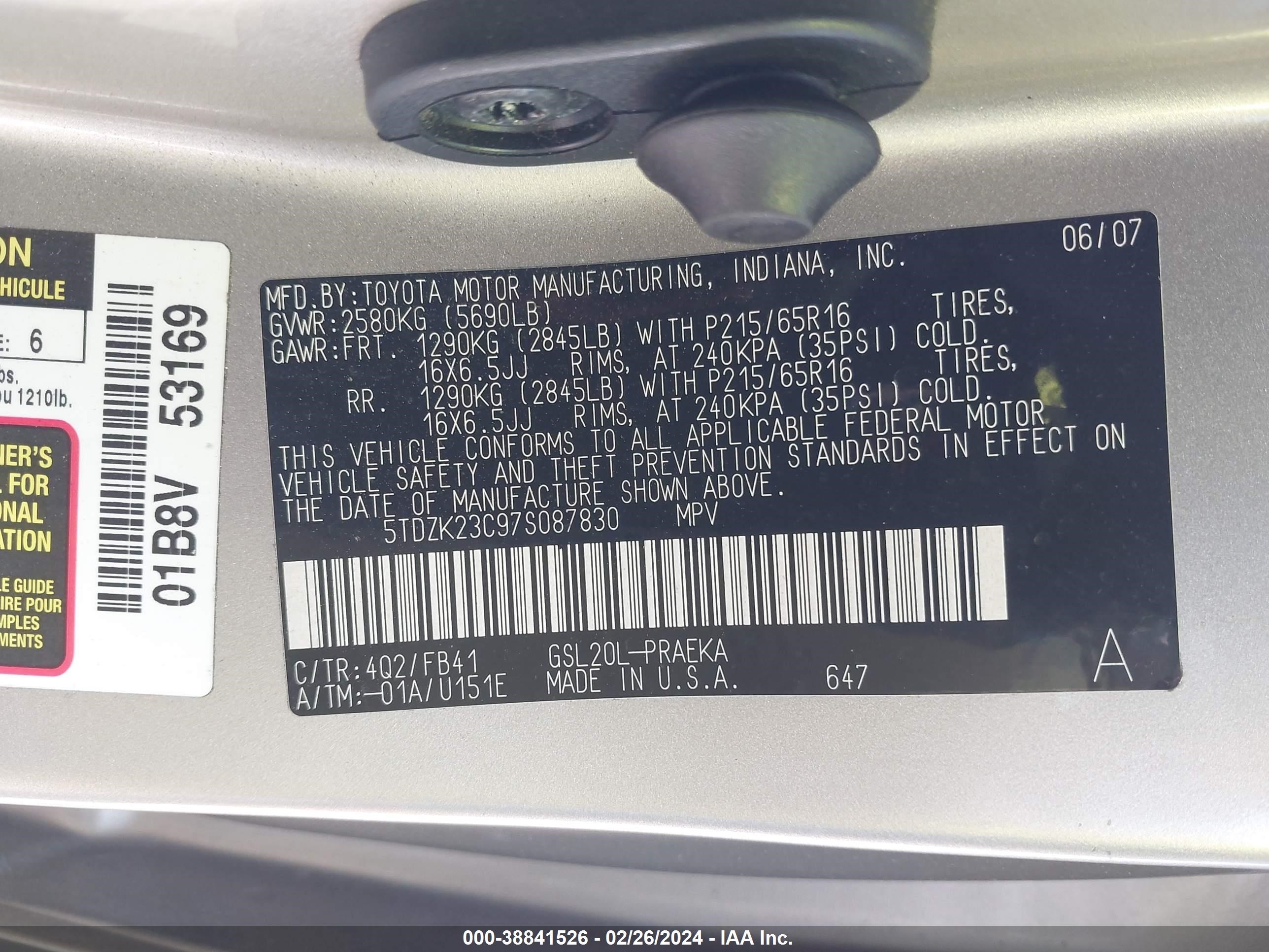 Photo 8 VIN: 5TDZK23C97S087830 - TOYOTA SIENNA 