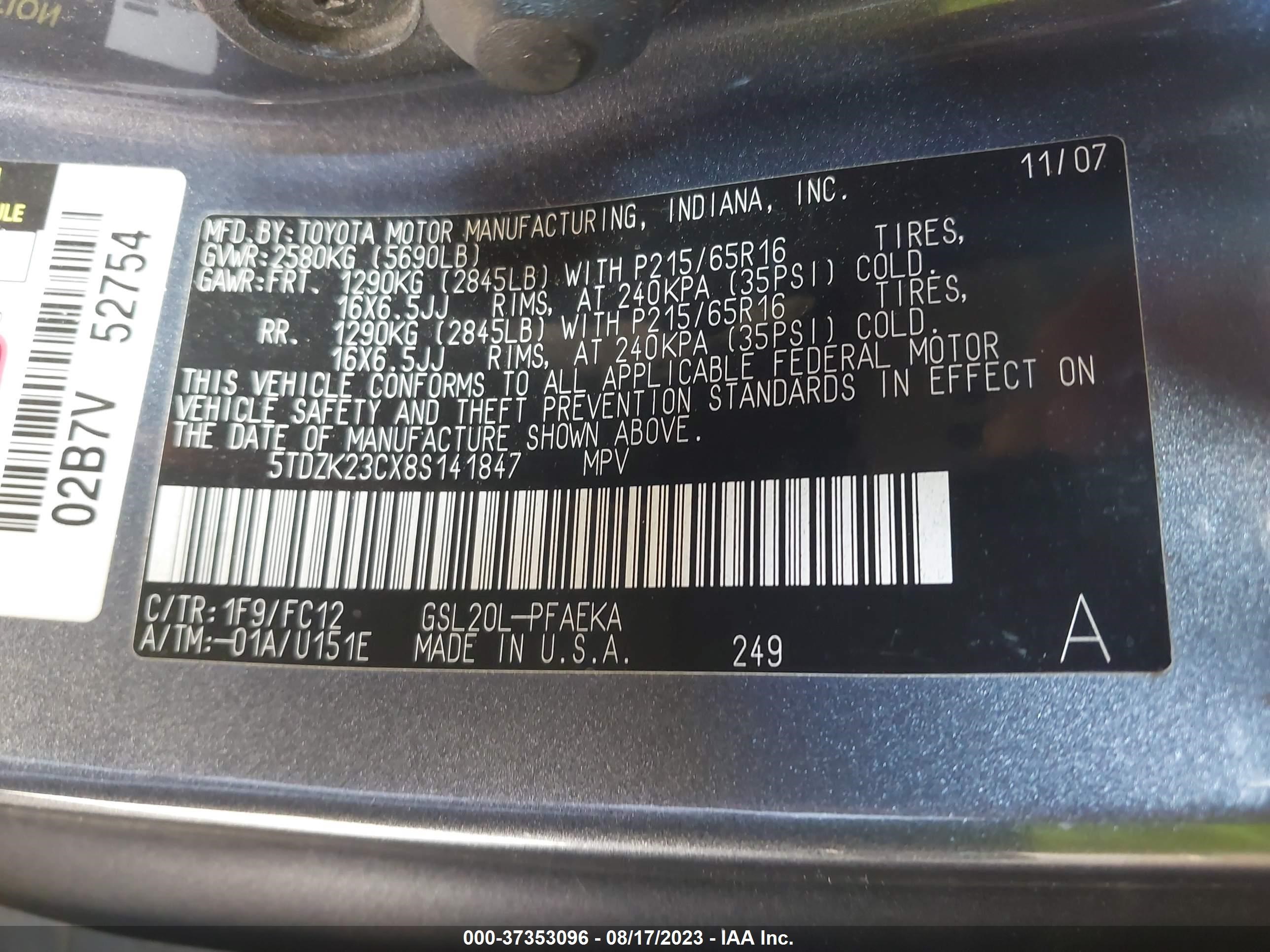 Photo 8 VIN: 5TDZK23CX8S141847 - TOYOTA SIENNA 