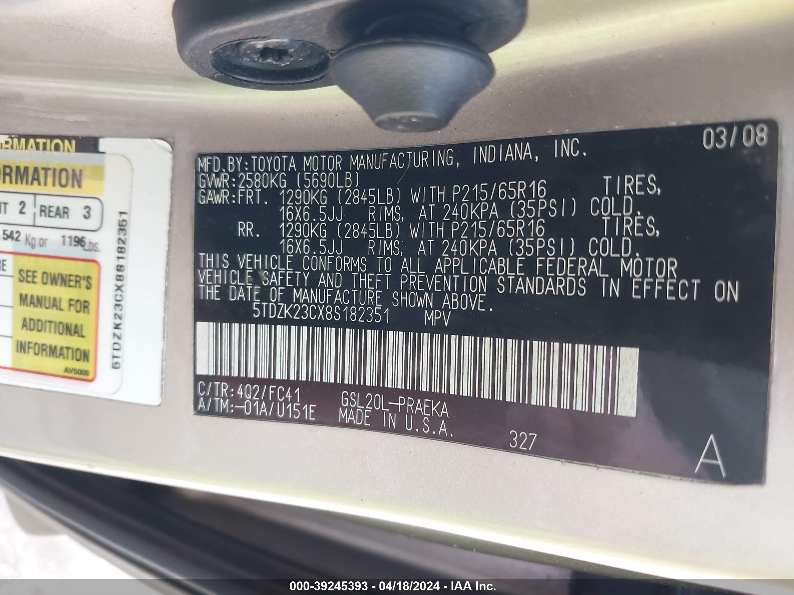 Photo 8 VIN: 5TDZK23CX8S182351 - TOYOTA SIENNA 