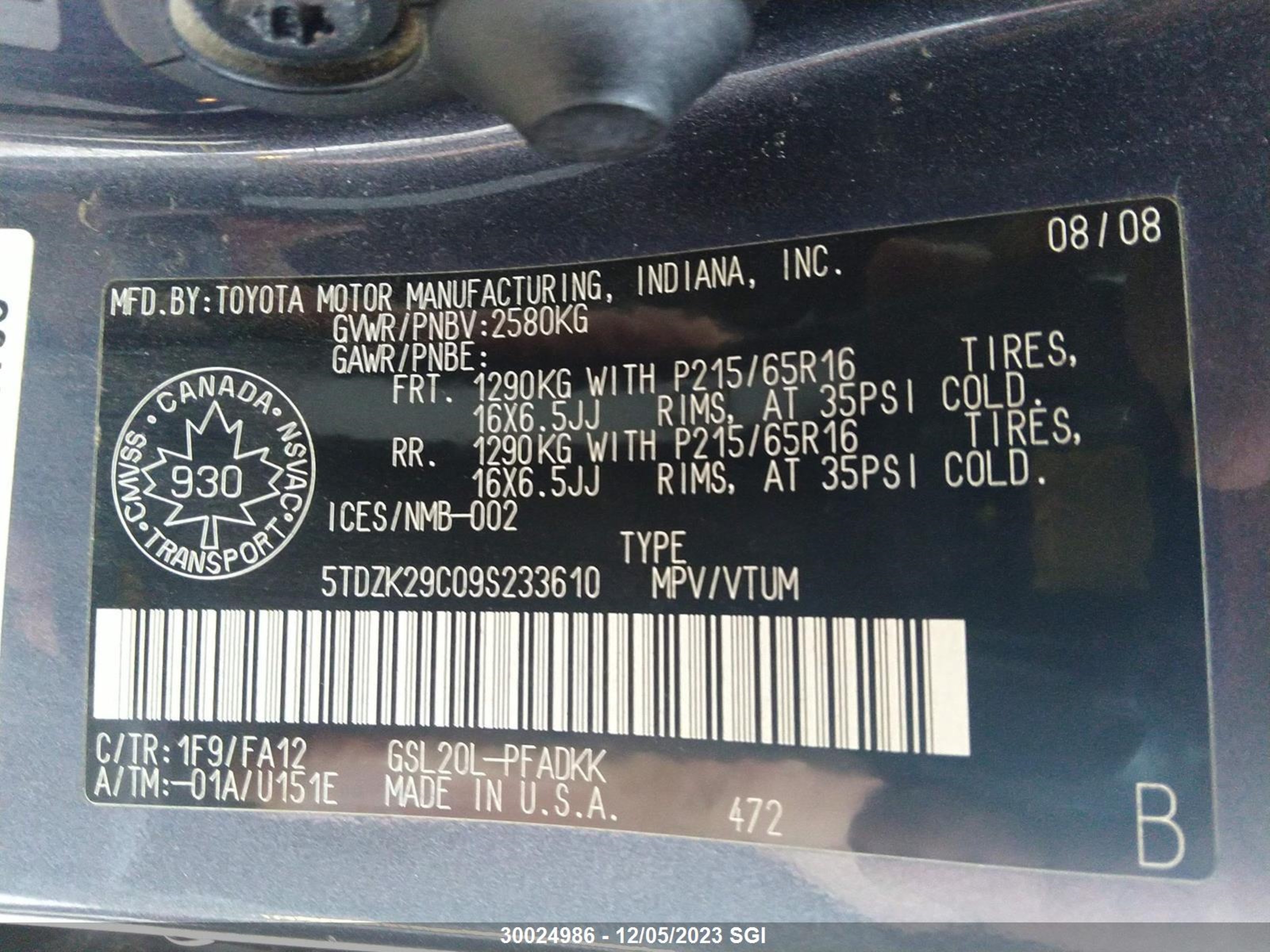 Photo 8 VIN: 5TDZK29C09S233610 - TOYOTA SIENNA 