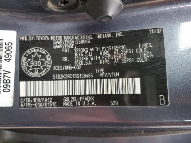 Photo 12 VIN: 5TDZK29C18S138486 - TOYOTA SIENNA CE 