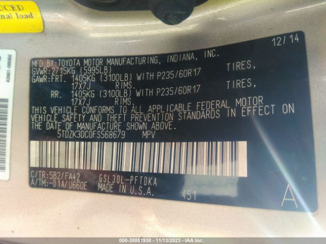 Photo 8 VIN: 5TDZK3DC0FS568679 - TOYOTA SIENNA 