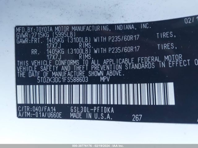 Photo 8 VIN: 5TDZK3DC1FS588603 - TOYOTA SIENNA 