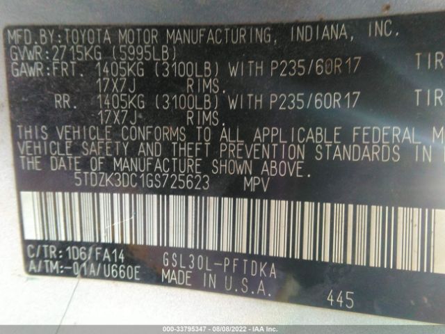 Photo 8 VIN: 5TDZK3DC1GS725623 - TOYOTA SIENNA 