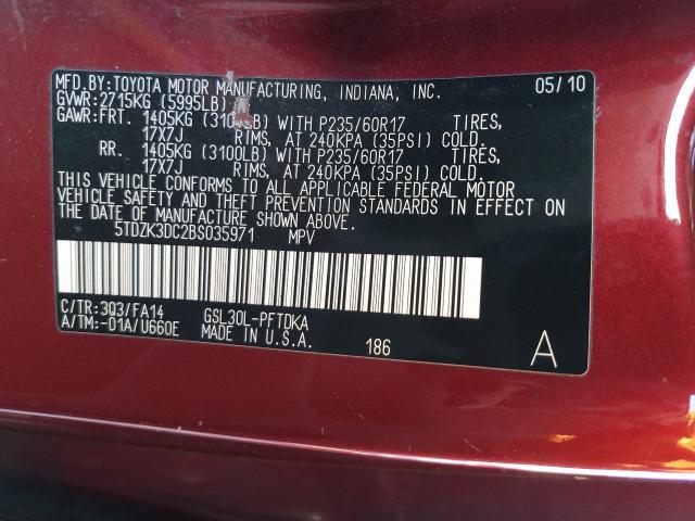 Photo 9 VIN: 5TDZK3DC2BS035971 - TOYOTA SIENNA 