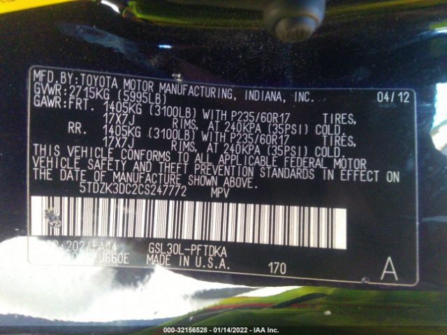 Photo 8 VIN: 5TDZK3DC2CS247772 - TOYOTA SIENNA 