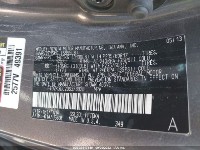 Photo 8 VIN: 5TDZK3DC2DS378928 - TOYOTA SIENNA 