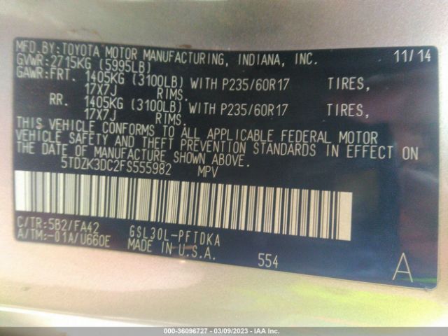 Photo 8 VIN: 5TDZK3DC2FS555982 - TOYOTA SIENNA 