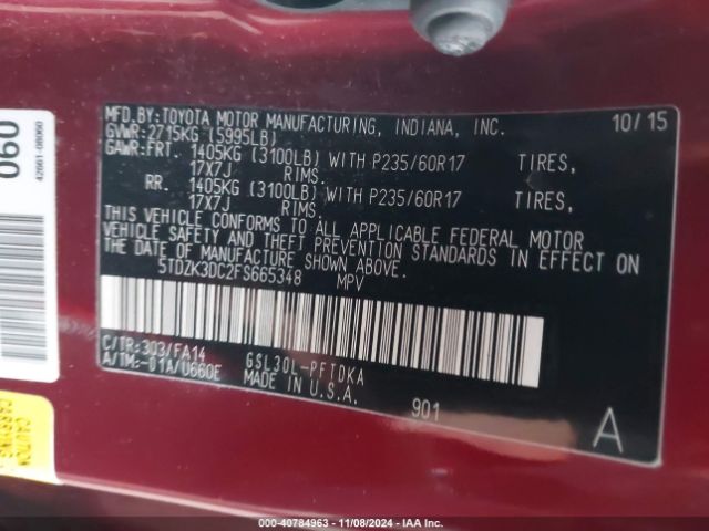 Photo 8 VIN: 5TDZK3DC2FS665348 - TOYOTA SIENNA 