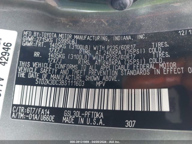 Photo 8 VIN: 5TDZK3DC3BS111603 - TOYOTA SIENNA 