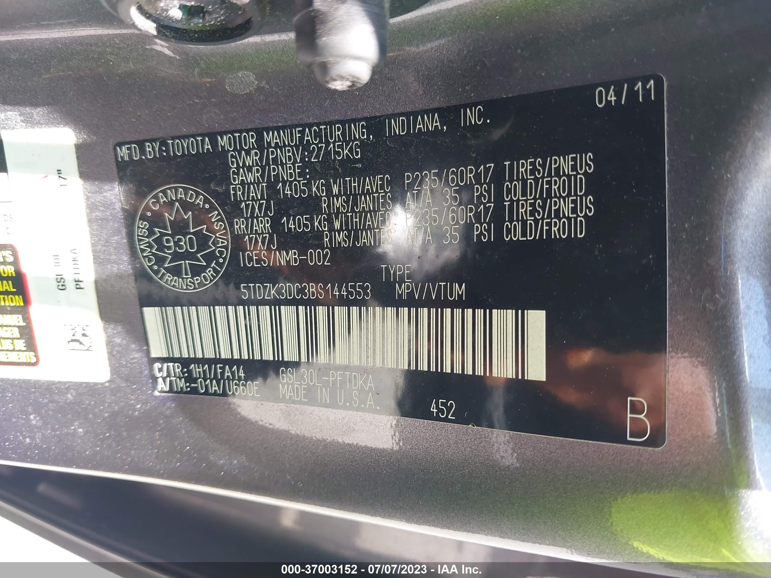 Photo 8 VIN: 5TDZK3DC3BS144553 - TOYOTA SIENNA 