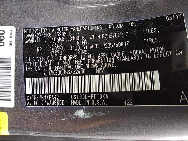 Photo 14 VIN: 5TDZK3DC3GS722416 - TOYOTA SIENNA 