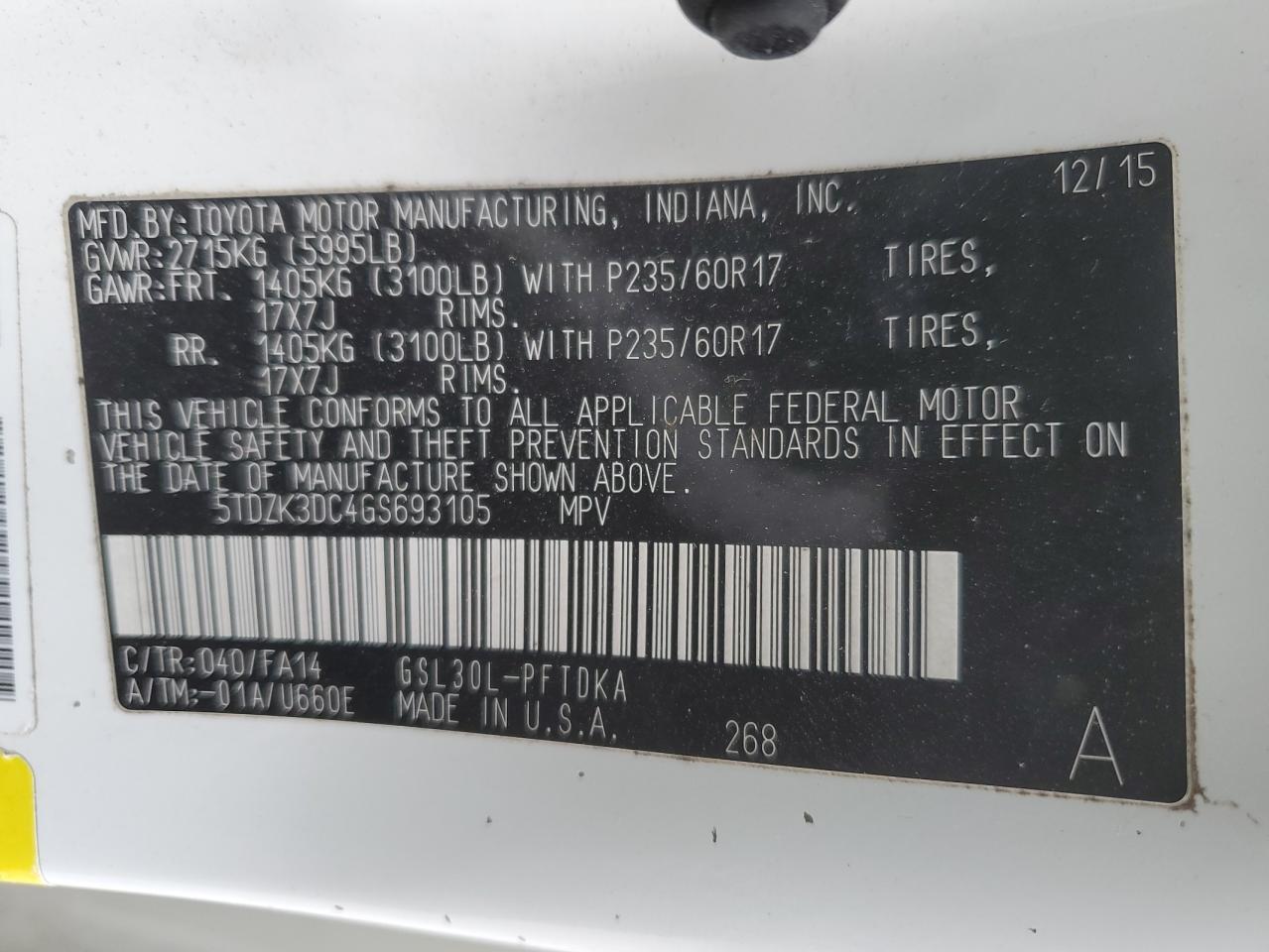 Photo 12 VIN: 5TDZK3DC4GS693105 - TOYOTA SIENNA 