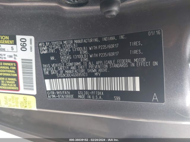 Photo 8 VIN: 5TDZK3DC4GS695923 - TOYOTA SIENNA 