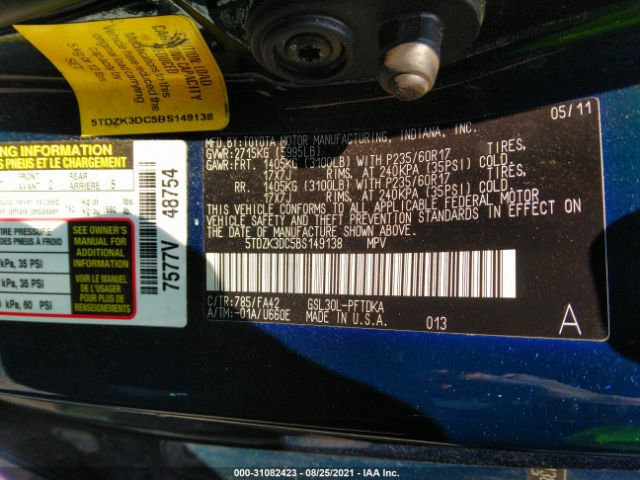 Photo 8 VIN: 5TDZK3DC5BS149138 - TOYOTA SIENNA 