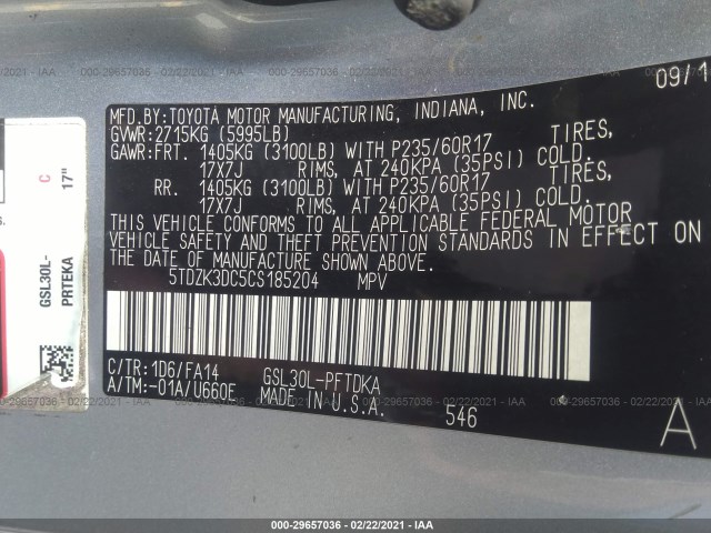 Photo 8 VIN: 5TDZK3DC5CS185204 - TOYOTA SIENNA 