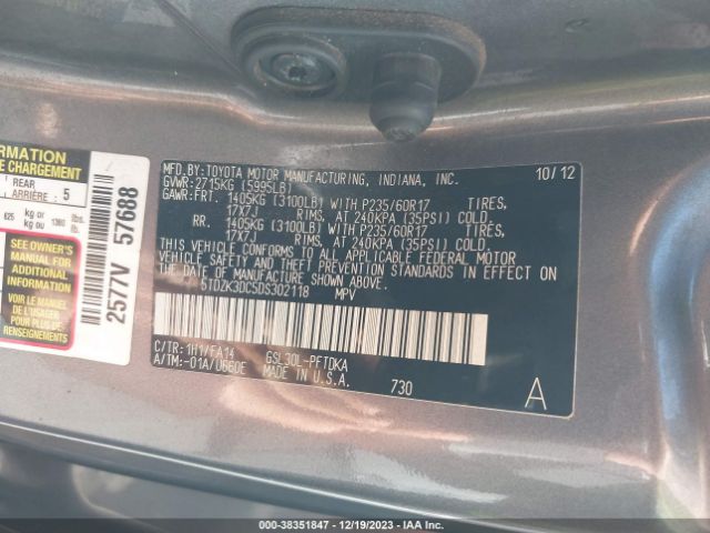 Photo 8 VIN: 5TDZK3DC5DS302118 - TOYOTA SIENNA 