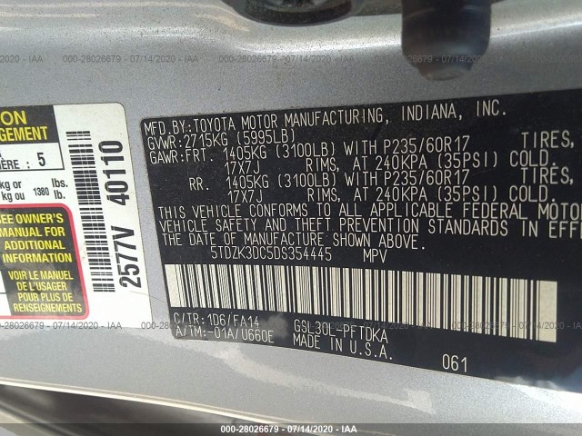 Photo 8 VIN: 5TDZK3DC5DS354445 - TOYOTA SIENNA 