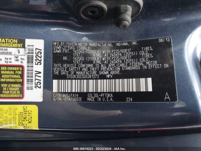 Photo 8 VIN: 5TDZK3DC5DS381273 - TOYOTA SIENNA 